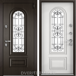 Входная дверь Снегирь 02 для коттеджа с окном и ковкой Входная дверь Снегирь 02 для коттеджа с окном и ковкой