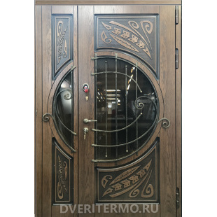 Уличная дверь термо Урал с окном и ковкой для коттеджа Уличная дверь термо Урал с окном и ковкой для коттеджа
